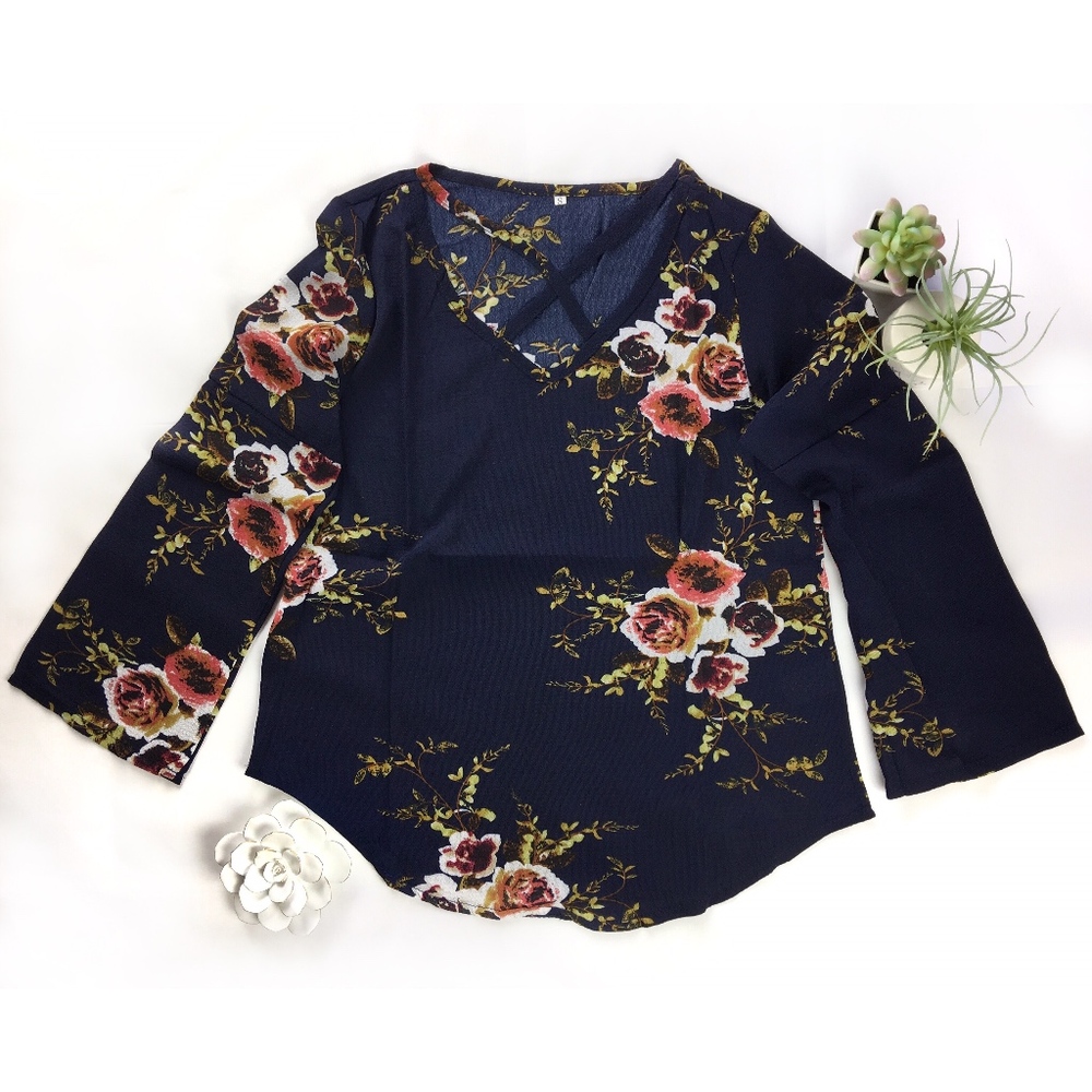 New Flare Sleeve Navy Floral Caged Top
